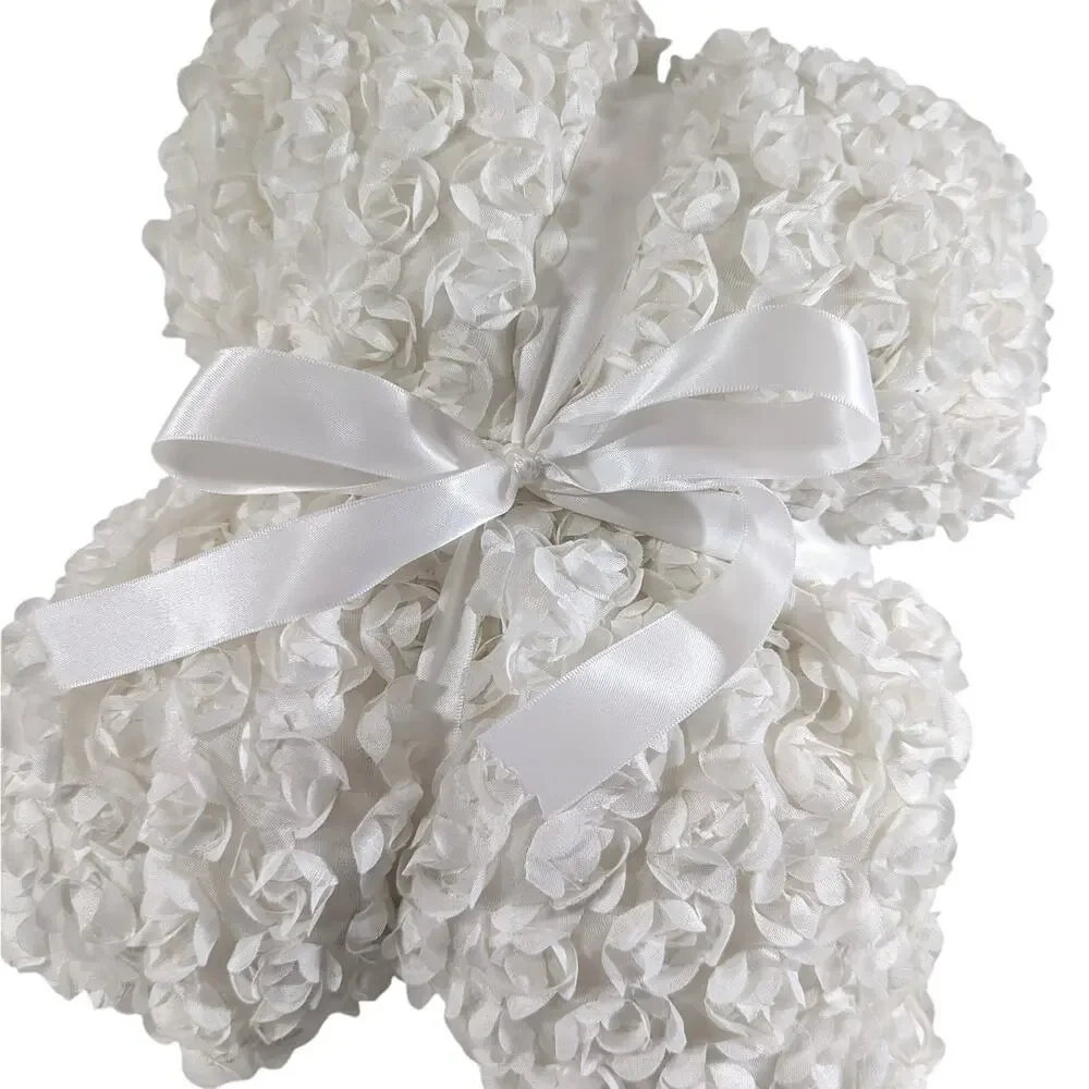 LUSH DECOR! CREAM RIBBON EMBROIDERED POUFY ROSETTES PLUSH SHOWER CURTAIN!